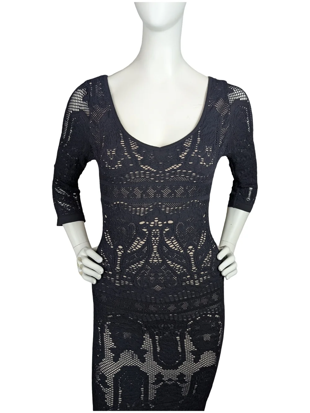 Vintage Y2K bebe Made USA Black Lace Nude Lined Bodycon Bombshell Dress M/L - Picture 3 of 9